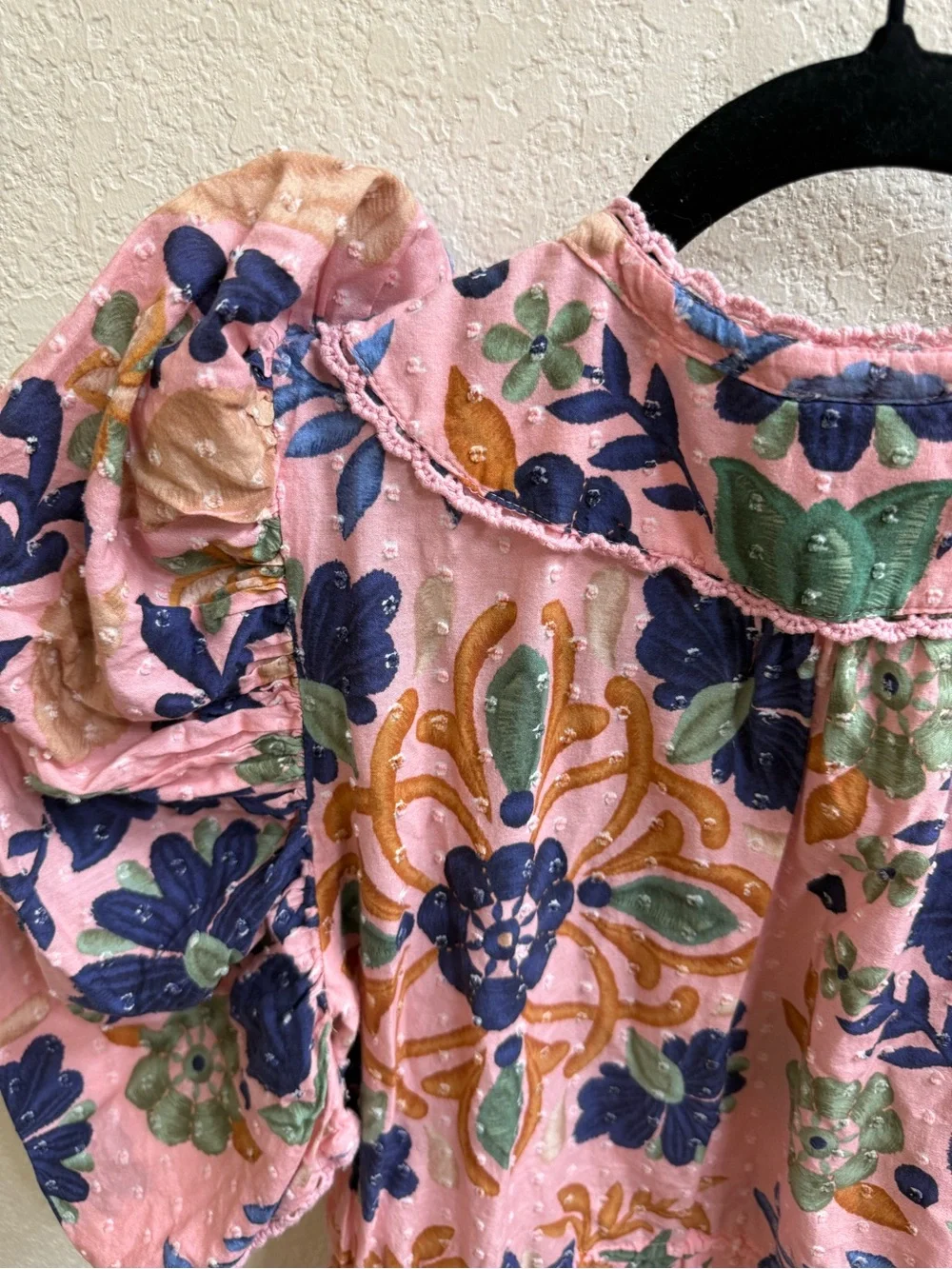 Farm Rio Pink & Blue Swiss Dot Floral Puff-Sleeve Dress
